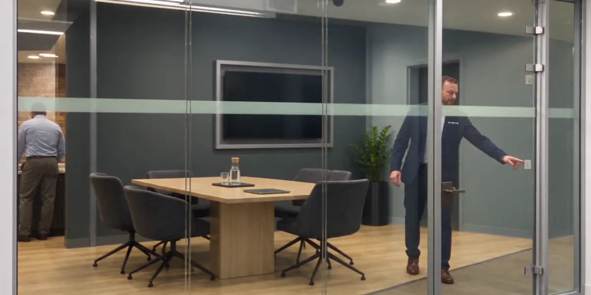 A conference room seen through a clear glass wall, with the table, chairs and two people inside plainly visible