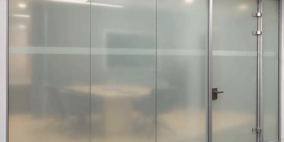 The same glass wall switched to private, frosted white so the room behind it shows only as soft shapes